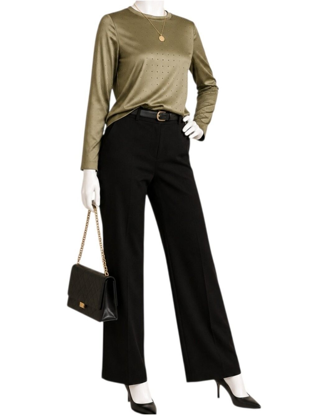 Olive Studded Satin Long Sleeve Top Quiet Luxury Minimalist Chic NWT Large